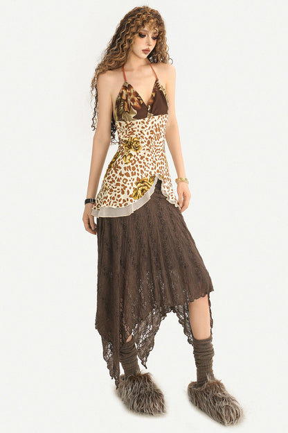 Y2K Leopard Rose Irregular Slit Halter Camisole