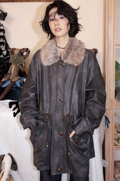 Fleece-Lined Detachable Fur Collar Leather Jacket