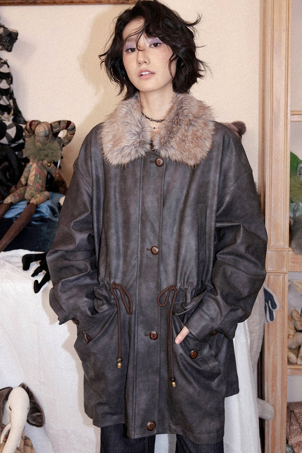 Fleece-Lined Detachable Fur Collar Leather Jacket