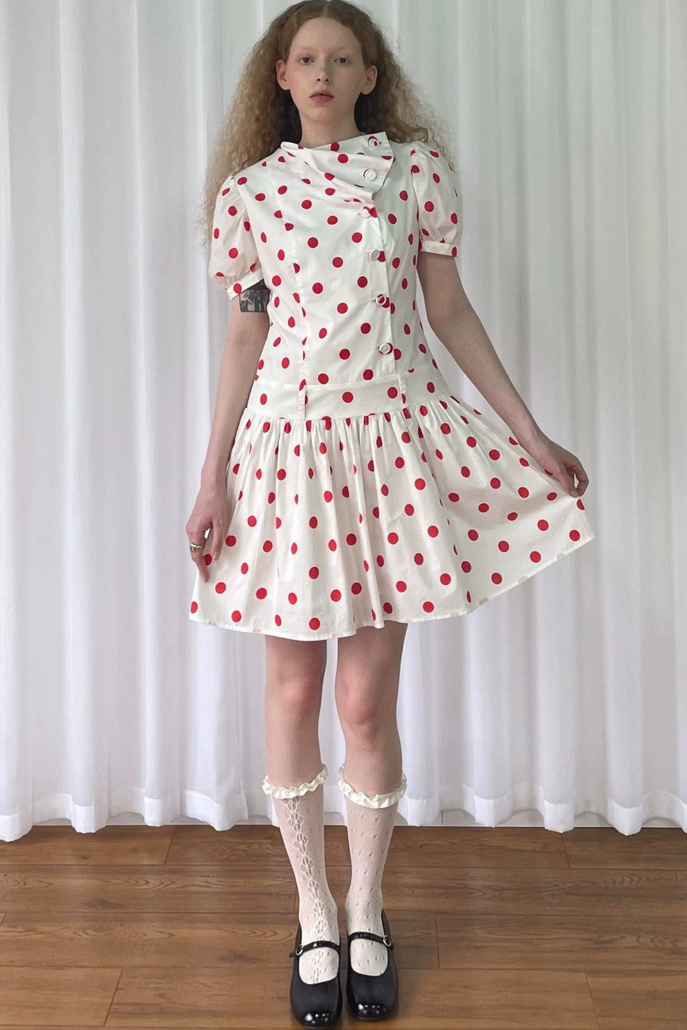 Red Retro Polka Dot Bubble Sleeve Dress