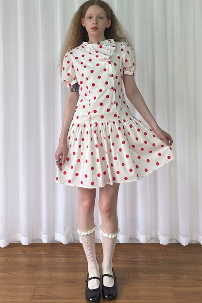 Red Retro Polka Dot Bubble Sleeve Dress