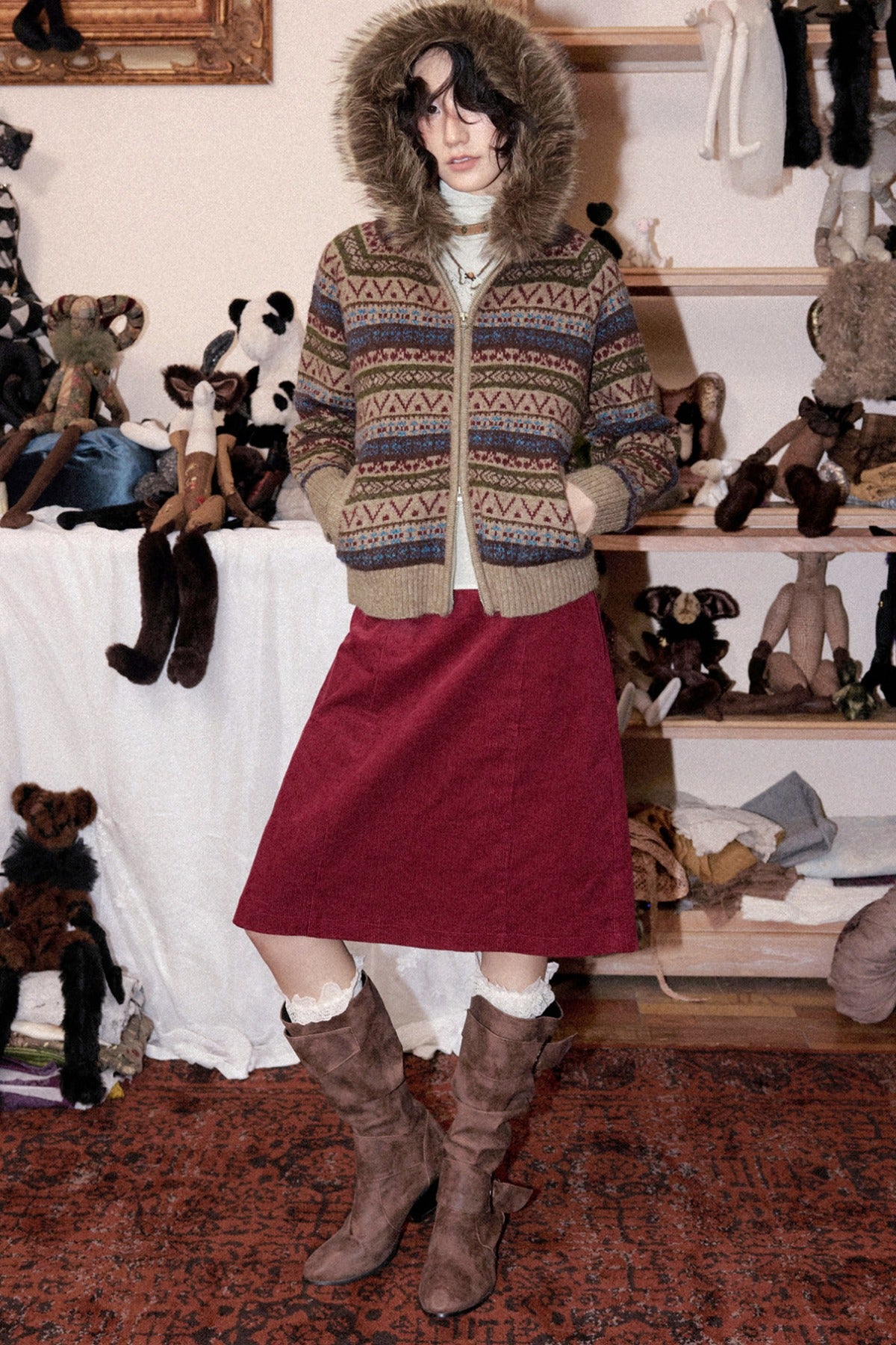 Hooded Fair Isle Wool Cardigan