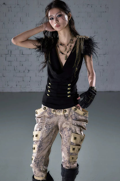 Gold Foil Feather Fringe Vest