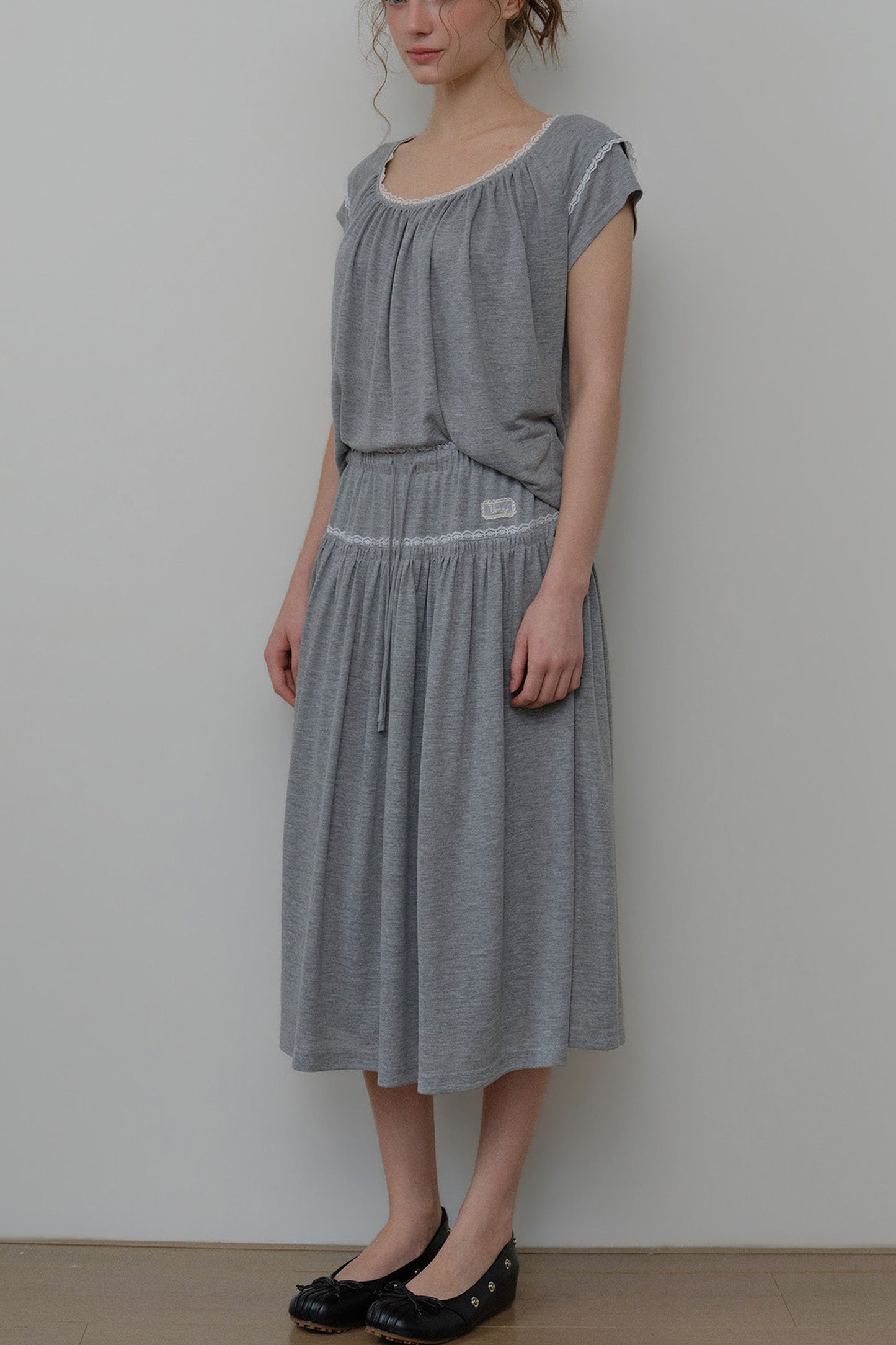 Gray Drawstring Lace Trim Midi Skirt