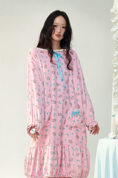 Pink Floral Flannel Ruffled Hooded Robe