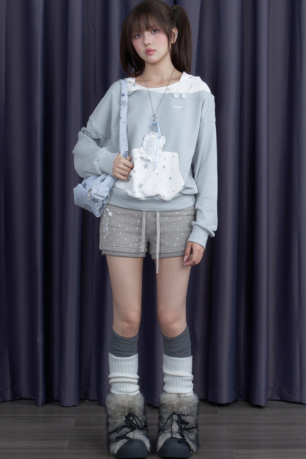 Blue White Star Layered-Look Hooded Sweatshirt