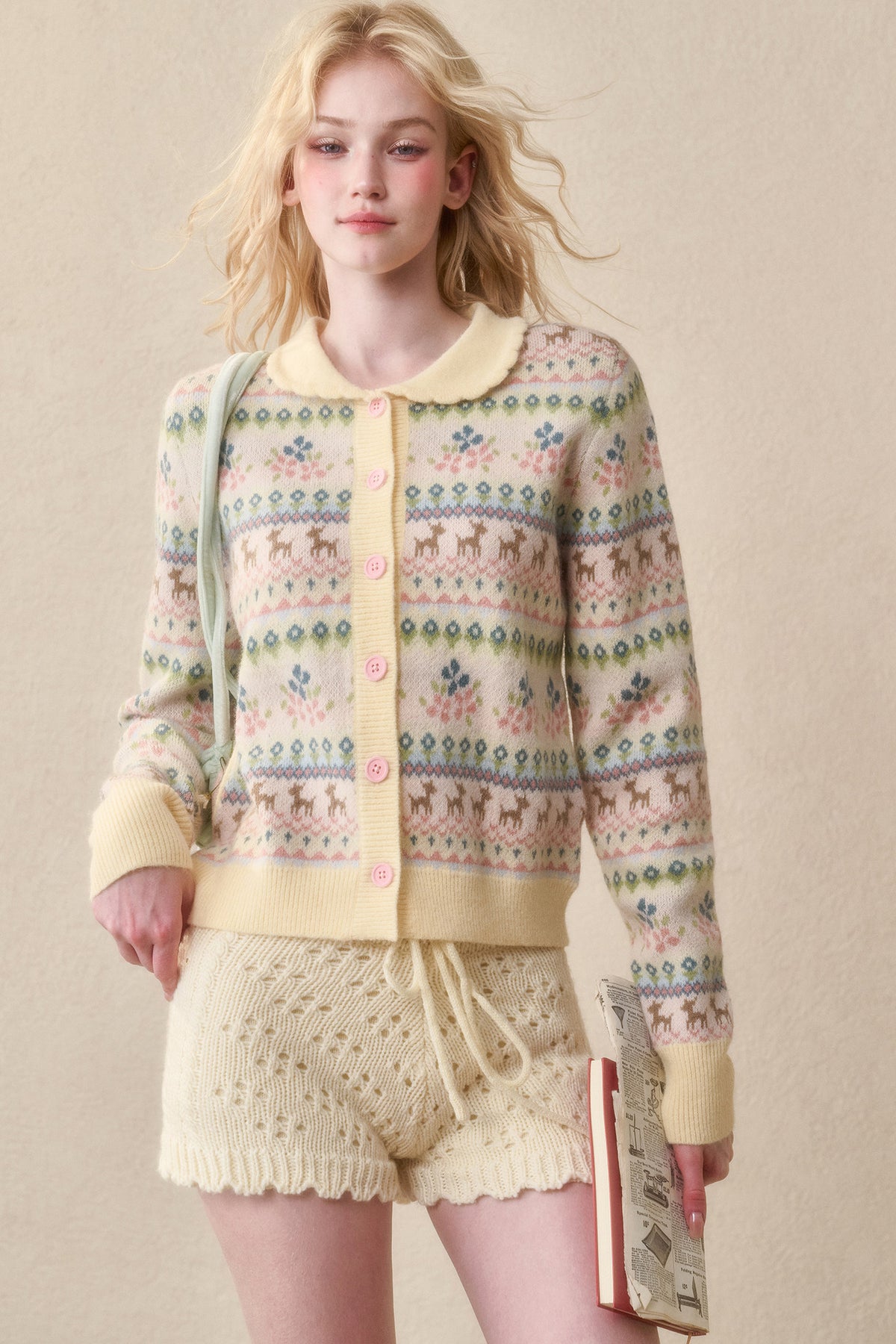 Reindeer Fair Isle Lace Trim Cardigan Top