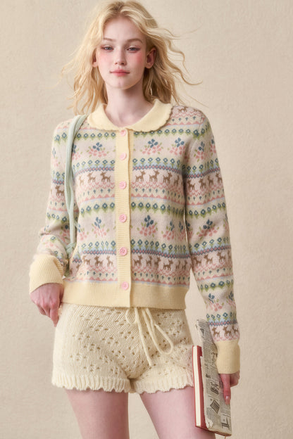 Reindeer Fair Isle Lace Trim Cardigan Top