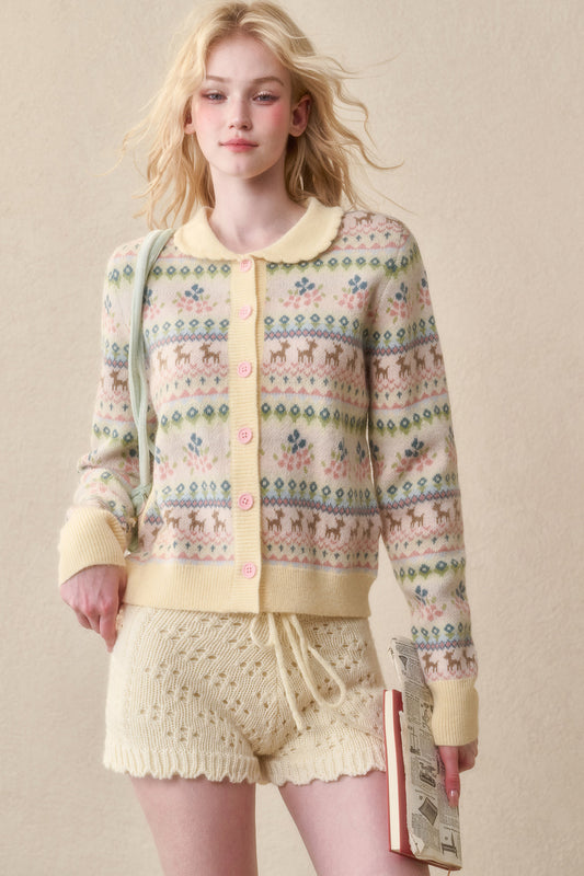 Reindeer Fair Isle Lace Trim Cardigan Top