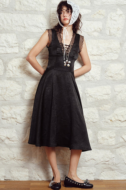 Black Lace Trim Chest Tie Dress