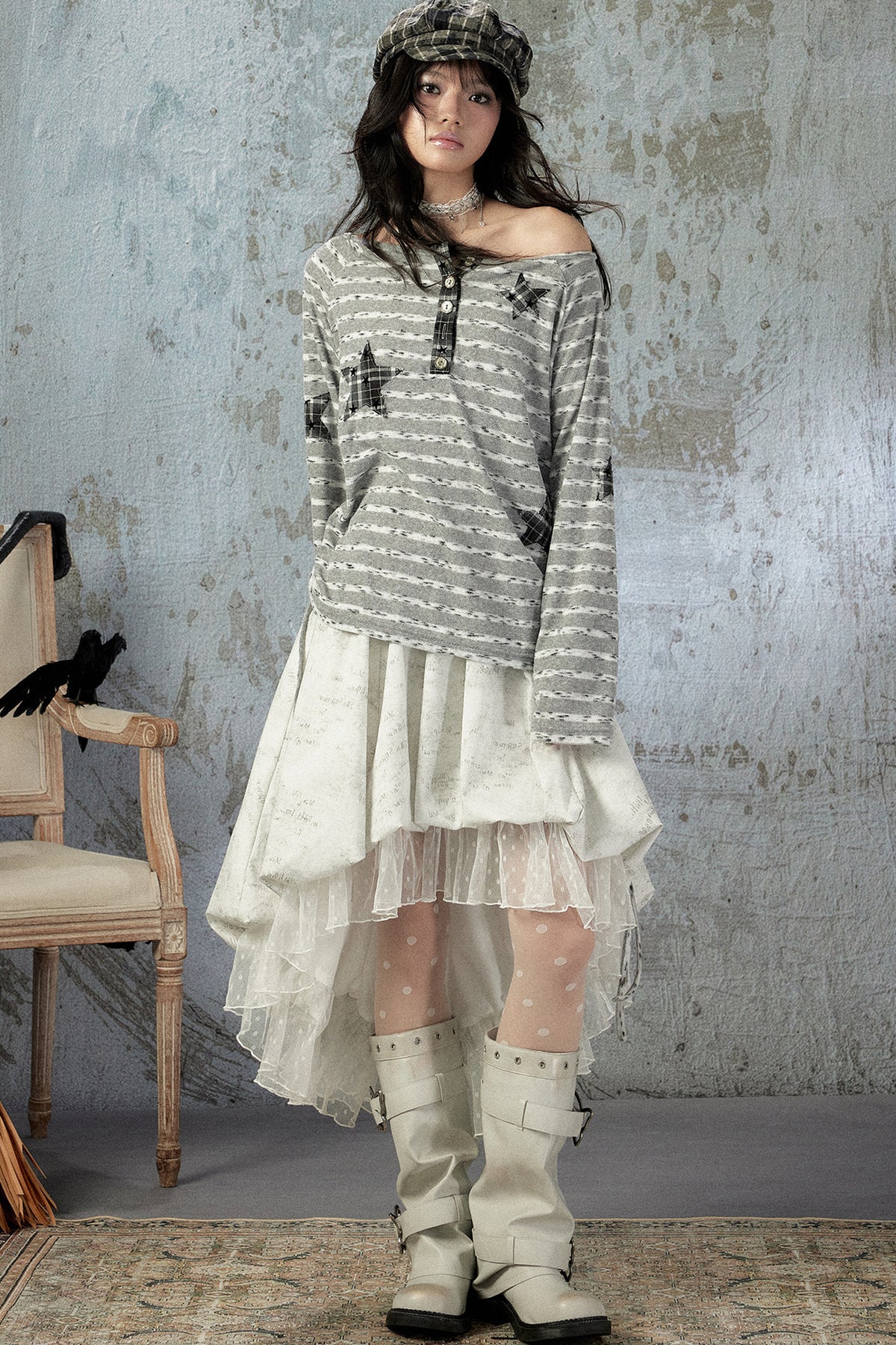 Striped Off-Shoulder Long-Sleeve T-Shirt