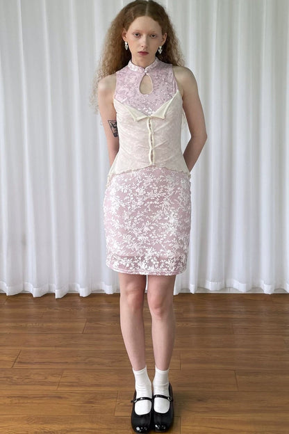 Abito Cheongsam rosa vintage in pizzo