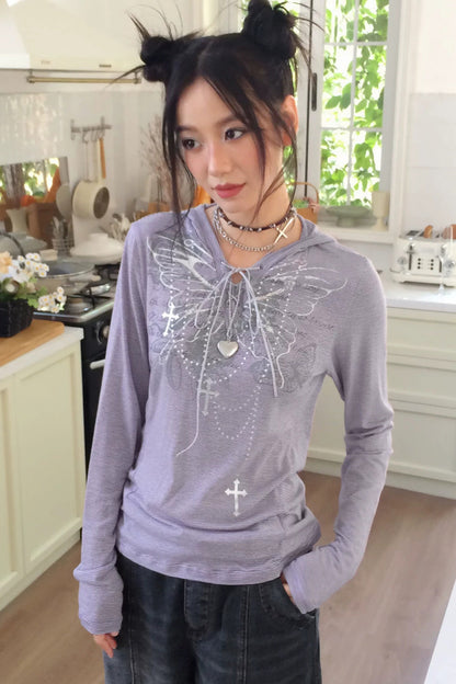 Vintage Floral Print Hooded Tie-Up T-Shirt