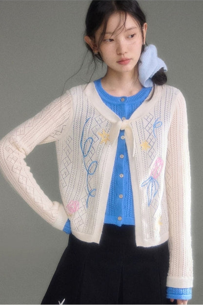 Two-Piece Wool-Blend Tulip Embroidery Knit Cardigan And Skirt Set-Up