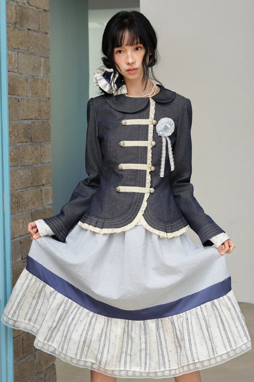 Collar Denim Lace Trim Jacket