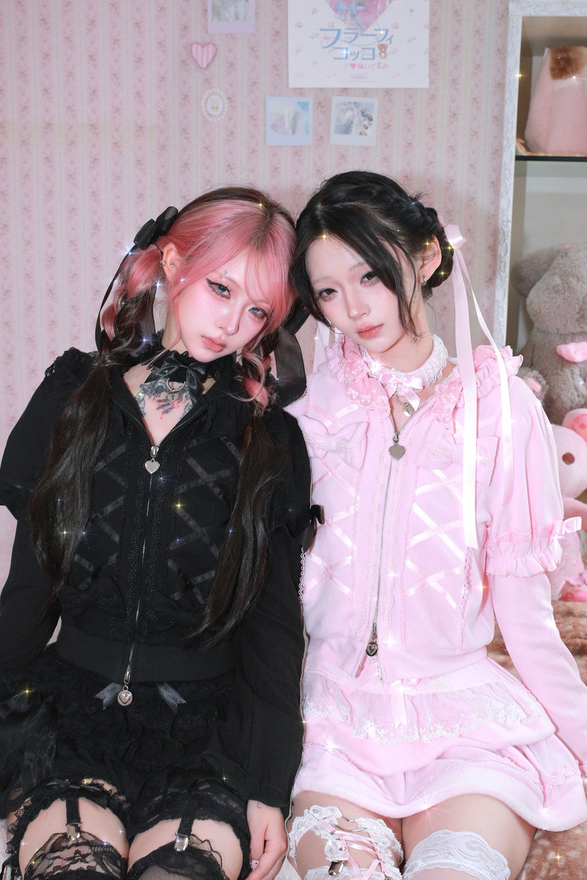Black Cat Ear Sweatshirt Jacket and Pink Skirt Set-Up