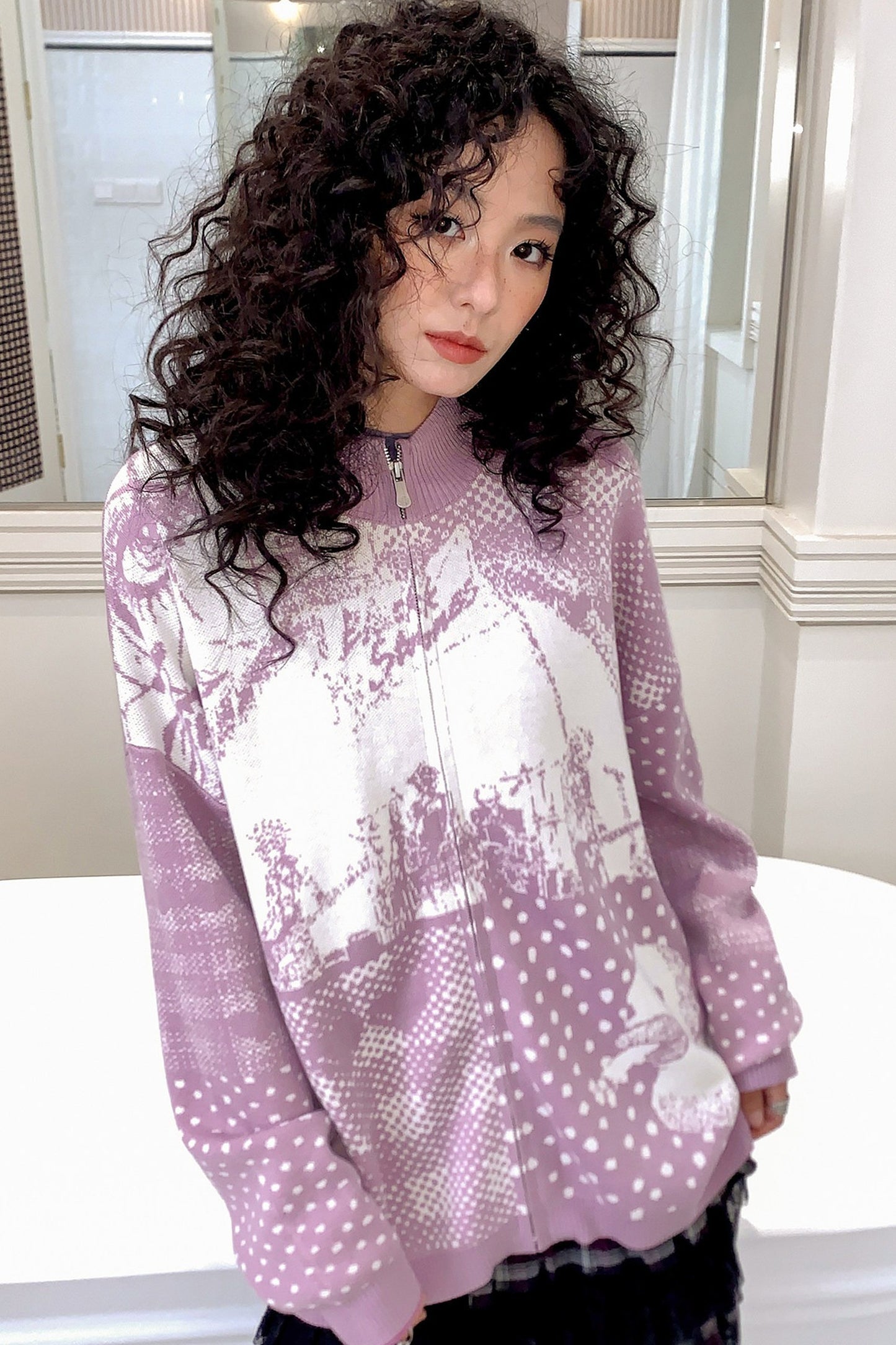 Zip Closure Polka Dot Portrait Print Cardigan