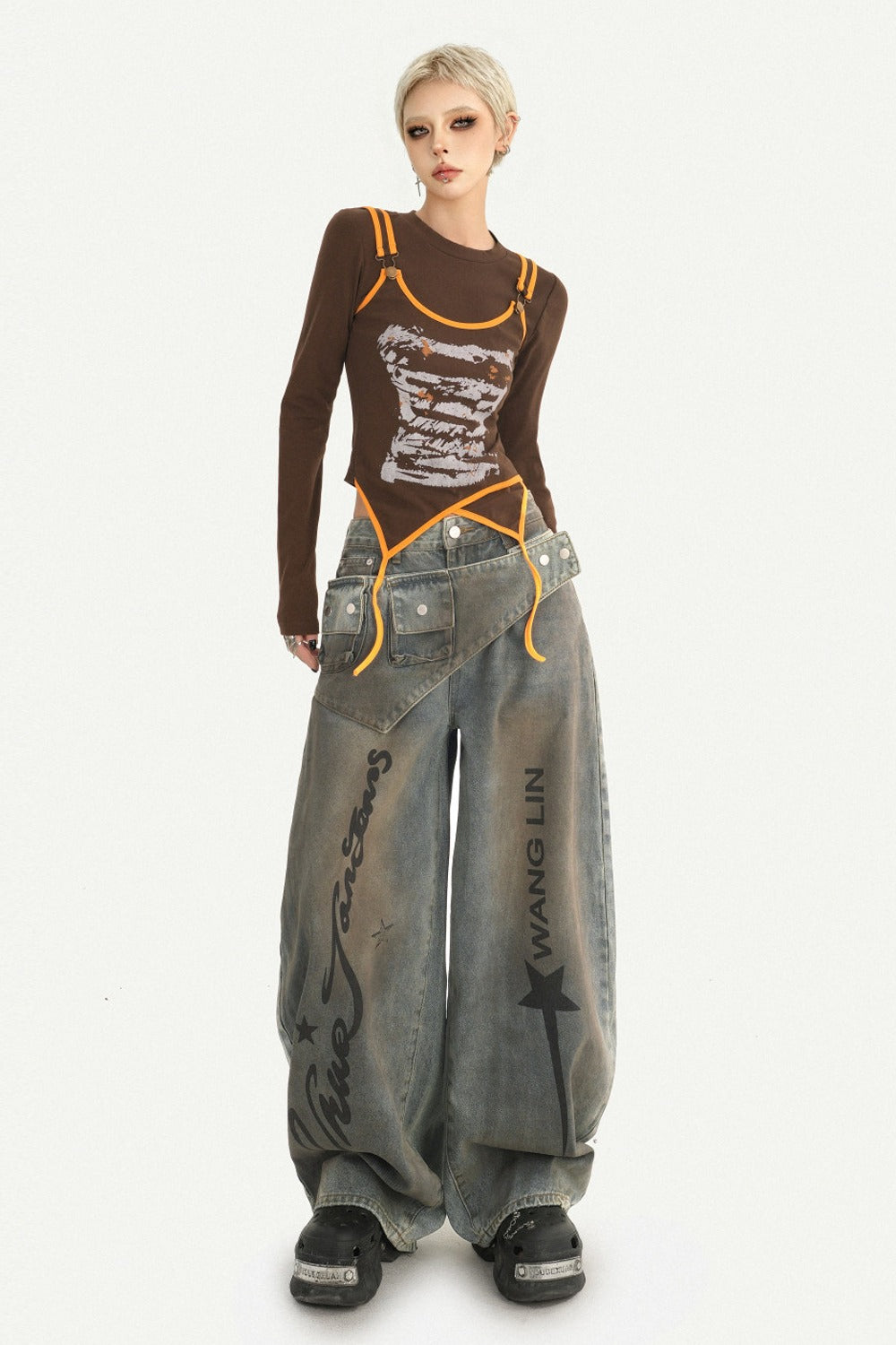 Printed Spliced Layered-Look Long-Sleeve T-shirt