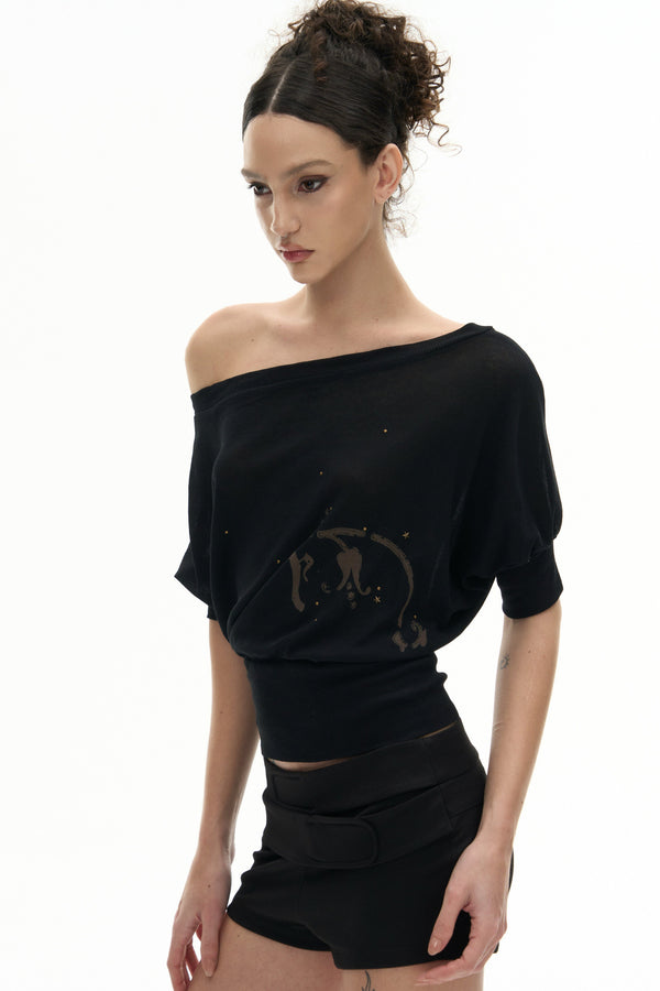 Two-Tone Rhinestone One-Shoulder T-Shirt
