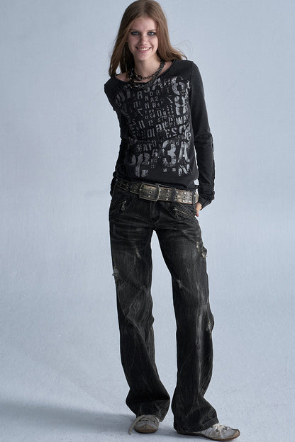 Asymmetrical Frayed All-Over Print Long-Sleeve T-Shirt