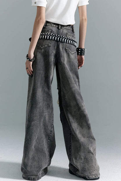 디스트레스드 로우웨이스트 레이스업 와이드 레그 청바지