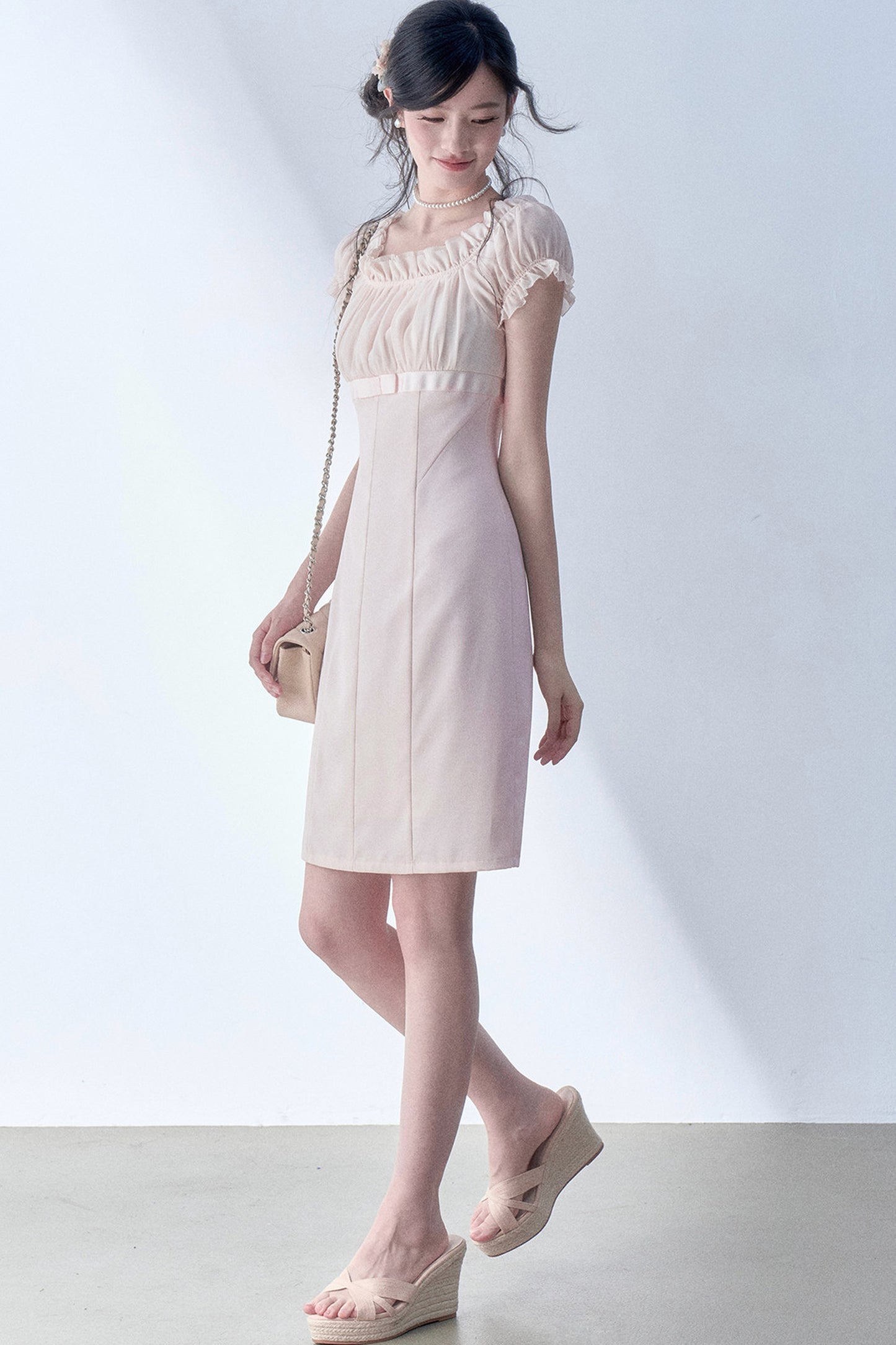 Square Neck High-Waisted Bodycon Chiffon Dress
