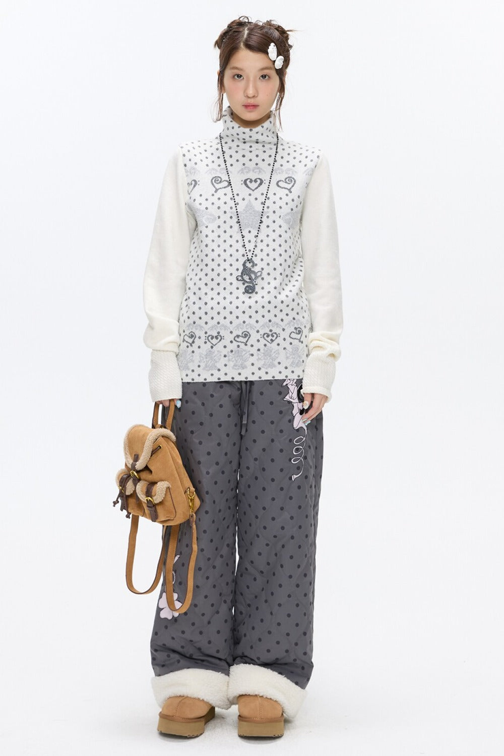 High-Neck Polka Dot Jacquard Sweater