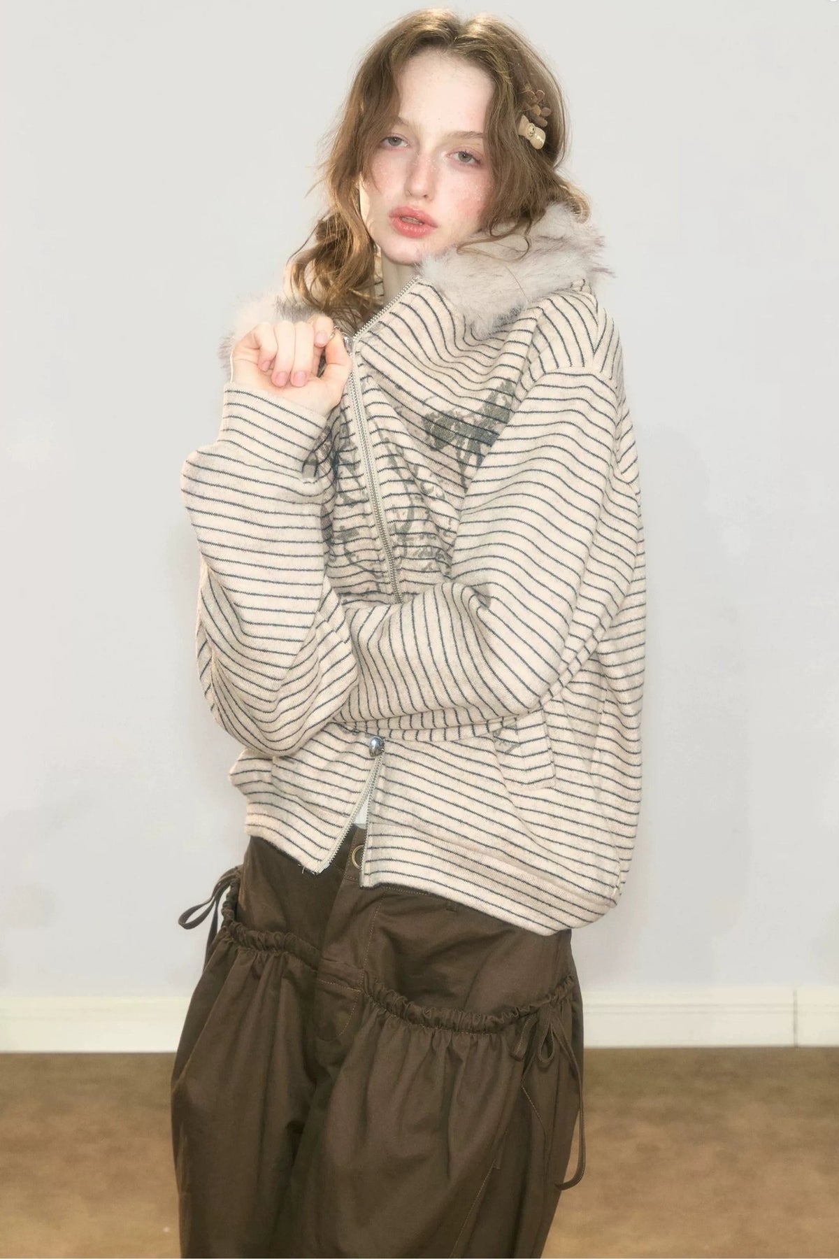 Fur Collar Hooded Striped Graffiti Jacket