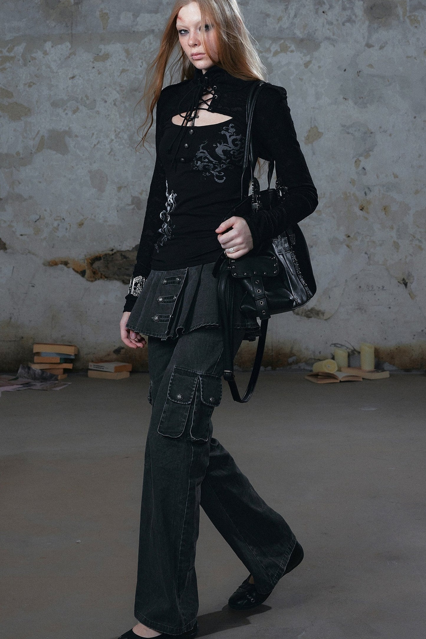 Pleated Skirt Panel Straight-Leg Flared Workwear Pants