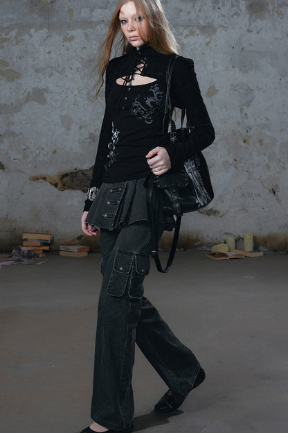 Pleated Skirt Panel Straight-Leg Flared Workwear Pants