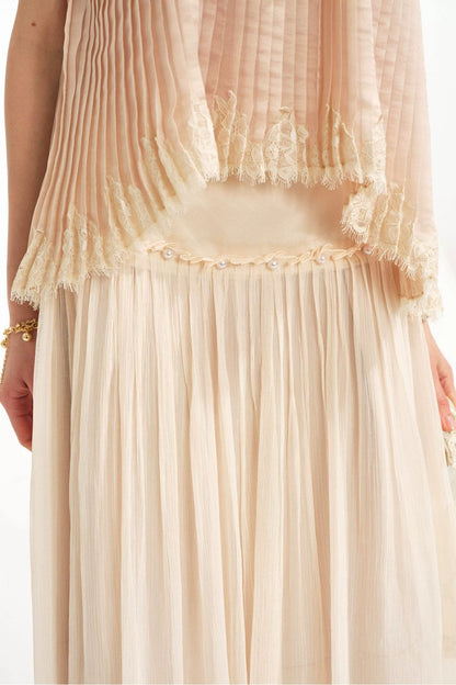 Retro Pleated Lace Pearl Skirt Set-Up