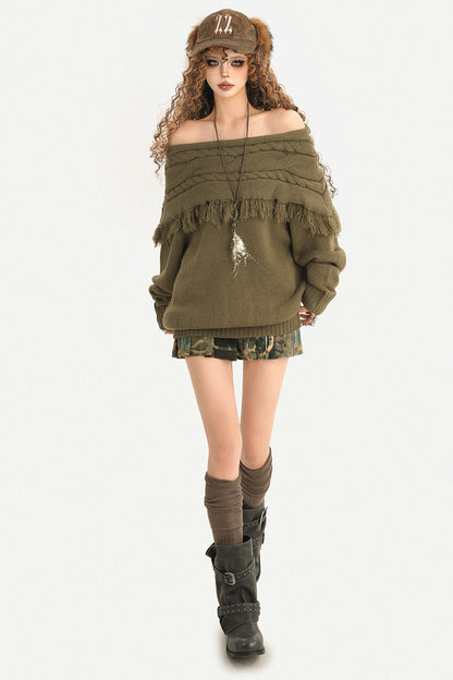One-Shoulder Tassel Loose Knit Sweater