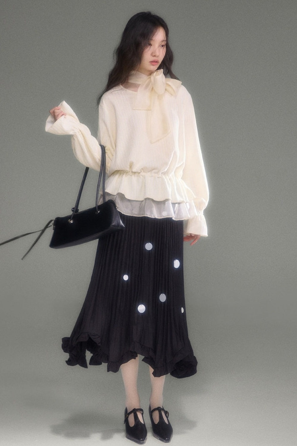Moonlight Waterfall Long-Sleeve Ribbon Top and Skirt Set-Up