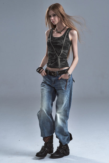 Black Camouflage Diagonal Zipper Two-Way Wear Camisole