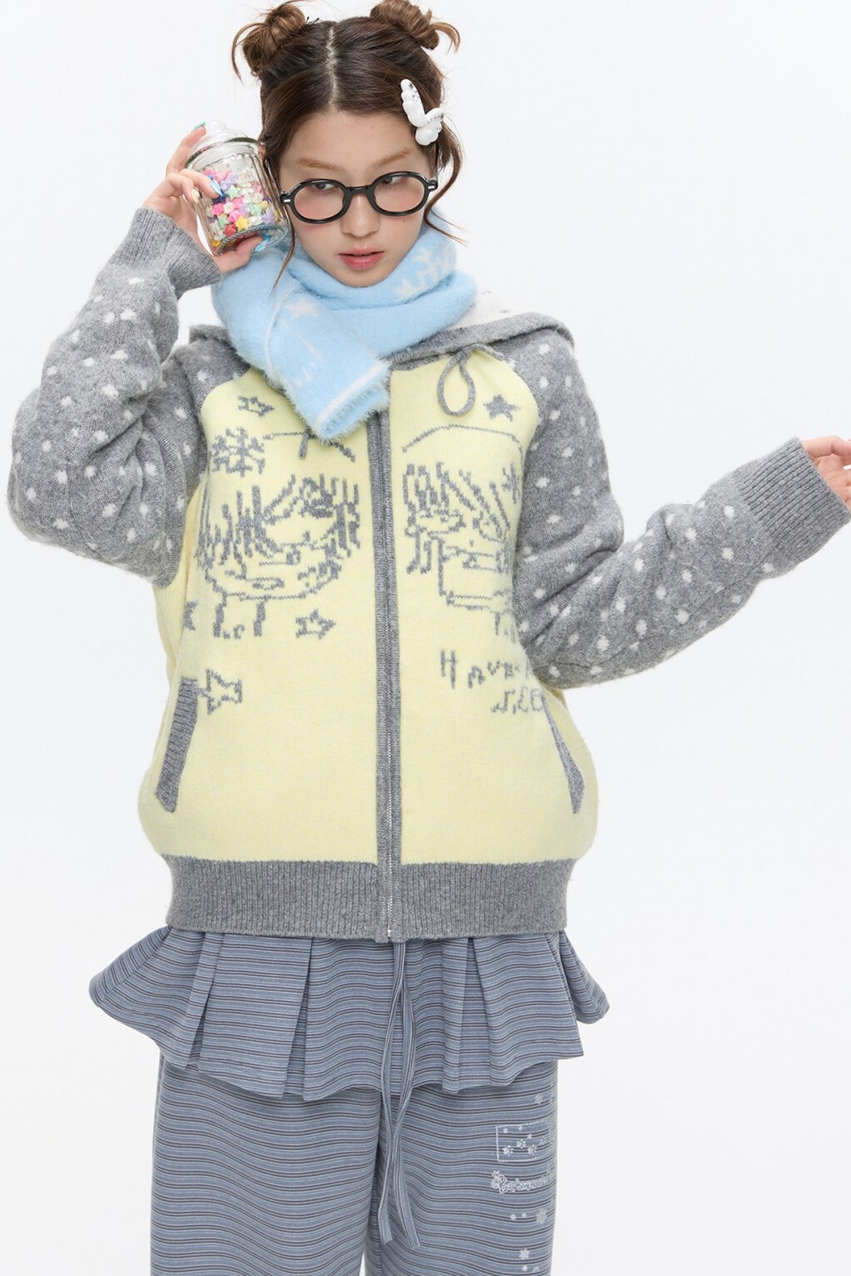 Polka Dot Raglan Zip Sweater