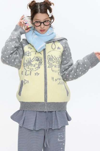 Polka Dot Raglan Zip Sweater
