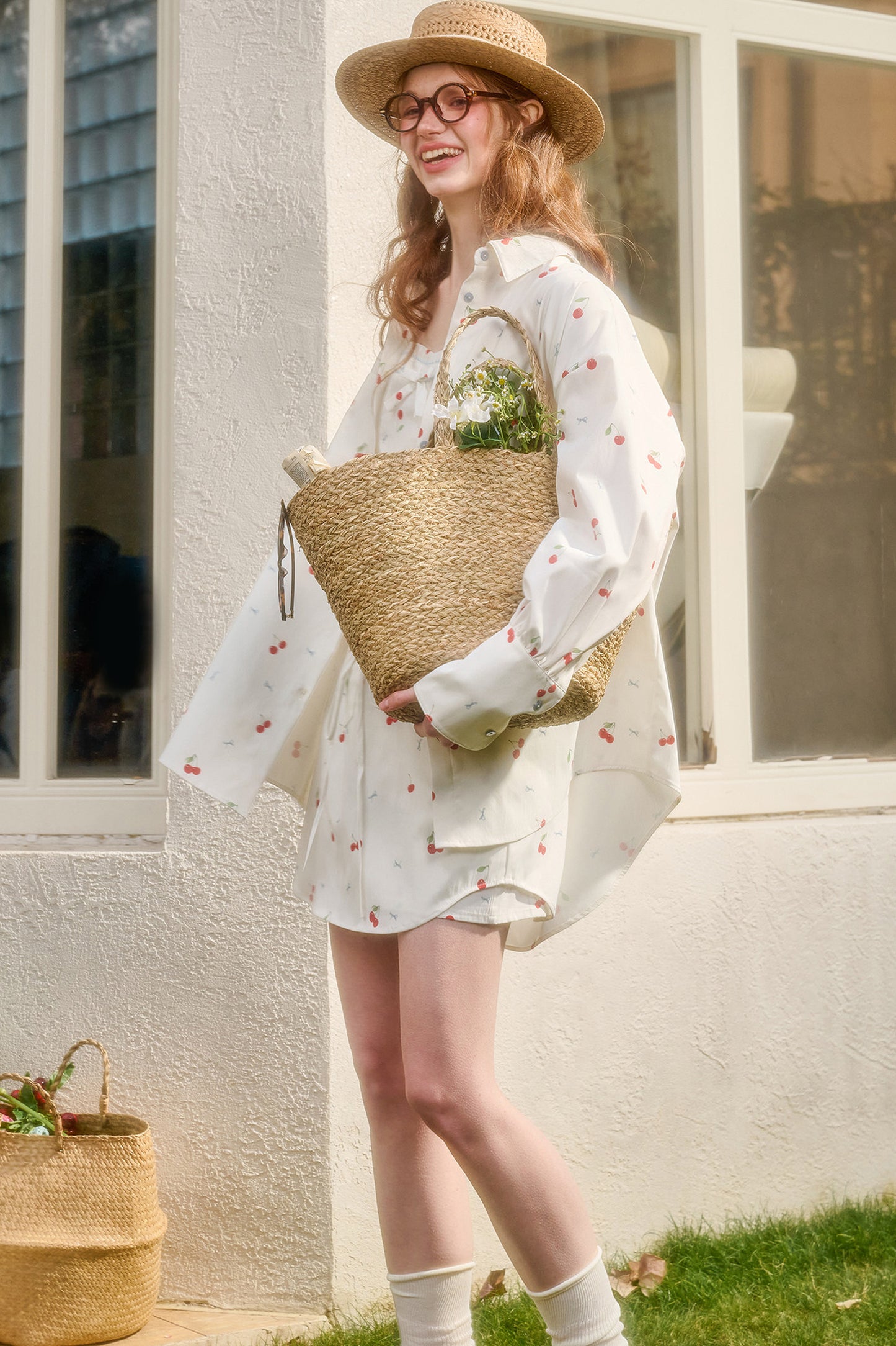 Cherry Print Shirt Top and Skirt Set-Up