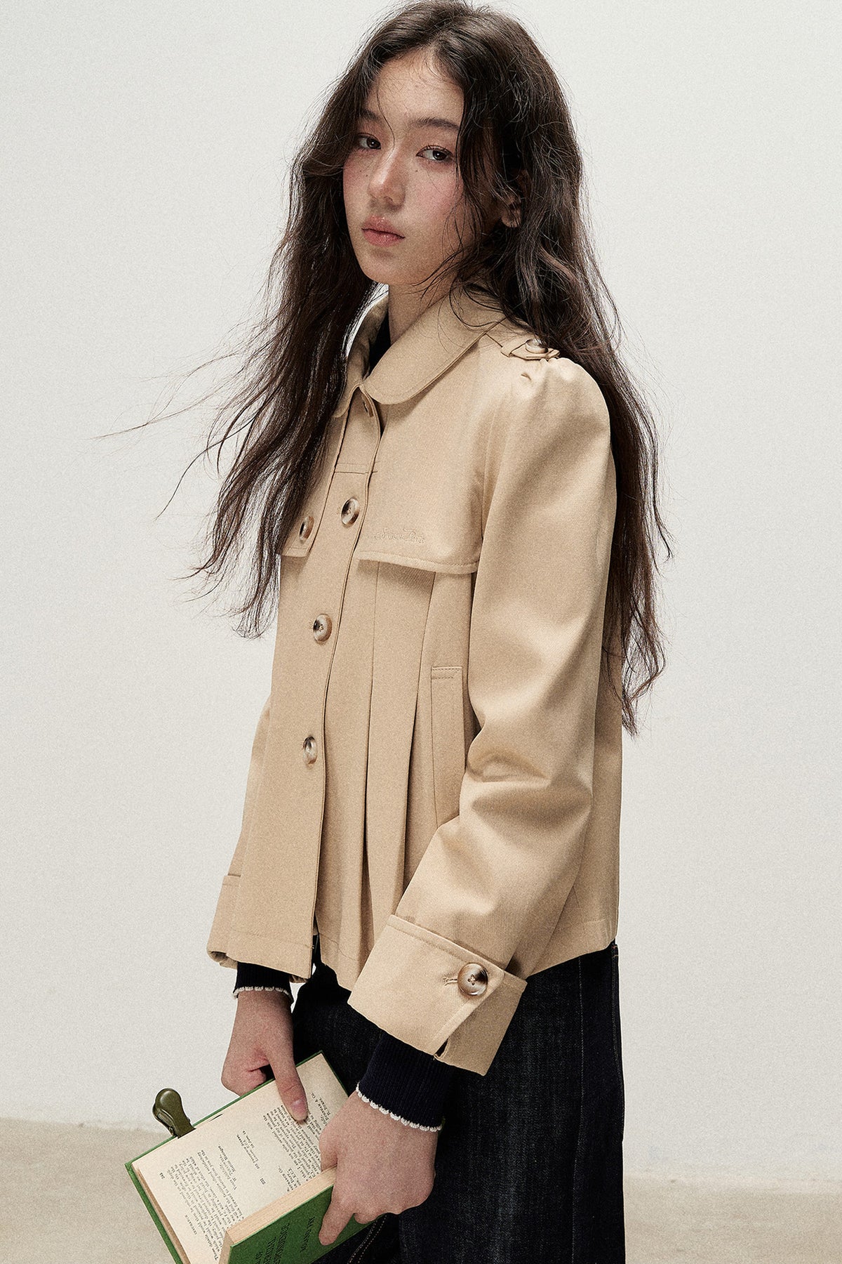 Cream Khaki Pleated A-Line Trench Coat