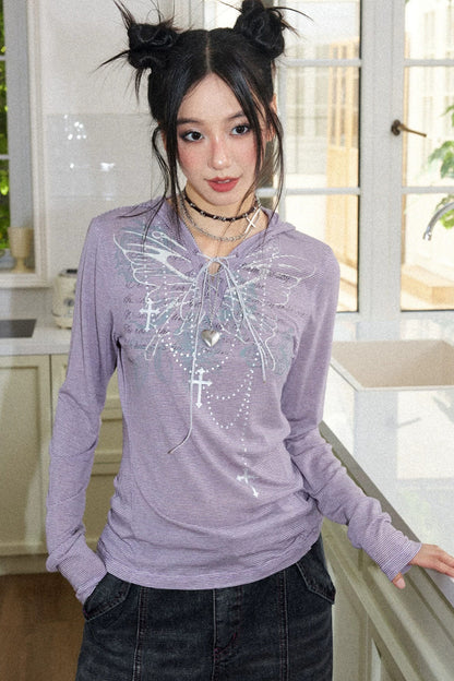 Vintage Floral Print Hooded Tie-Up T-Shirt