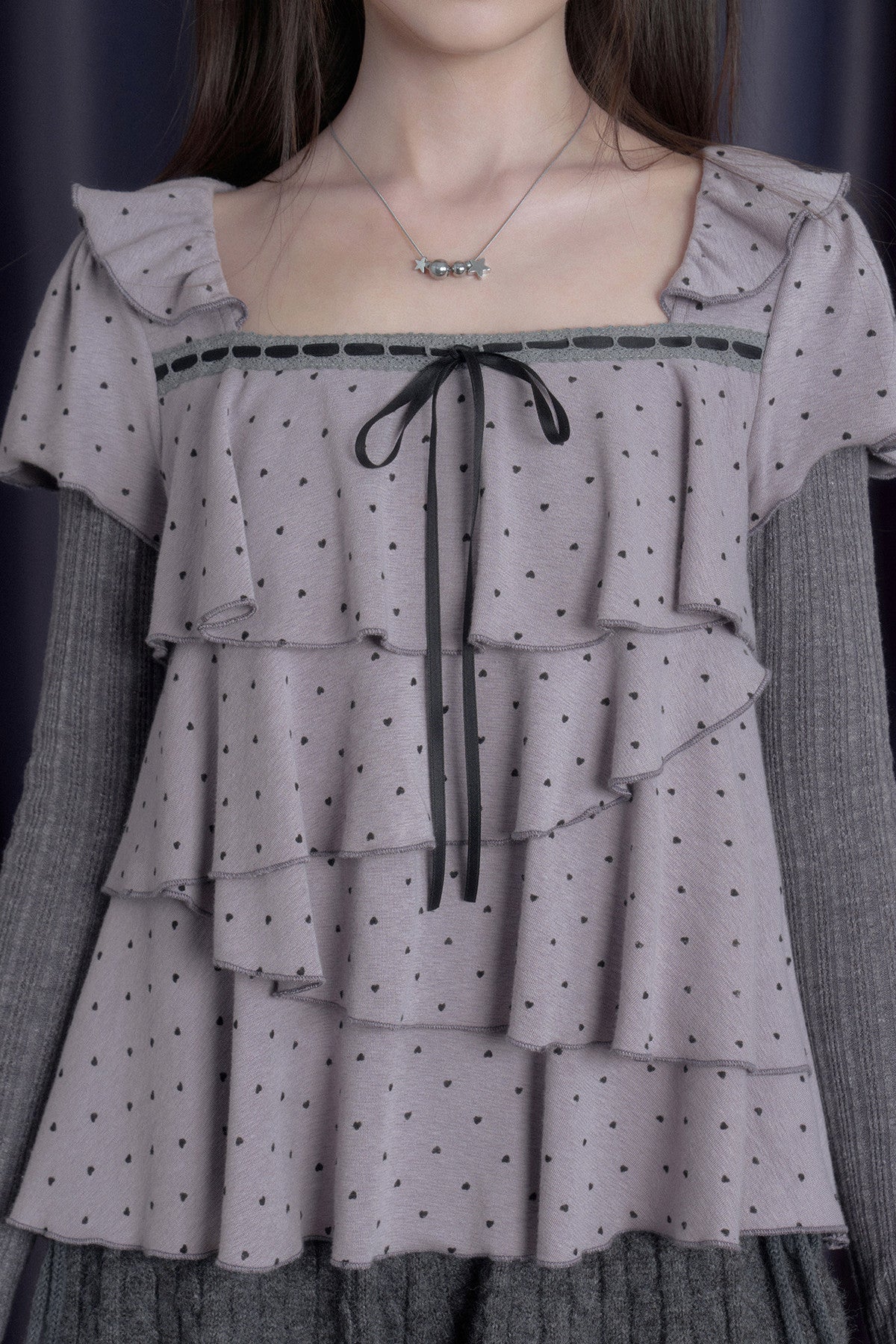 Gray-Purple Cake-Style Ruffle Long-Sleeved Knit Top