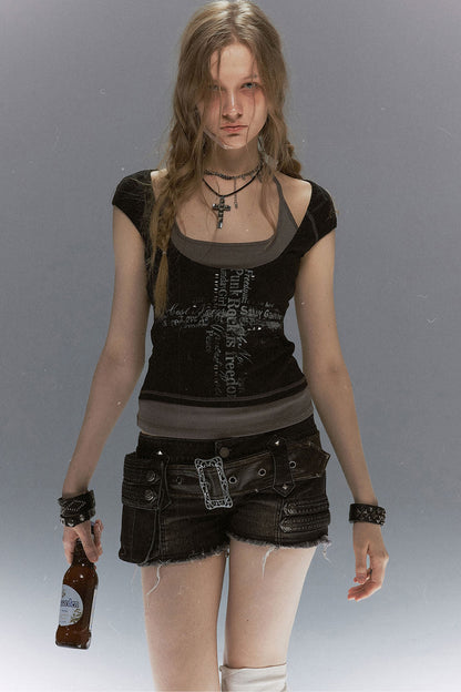 Leather Pocket Denim Shorts