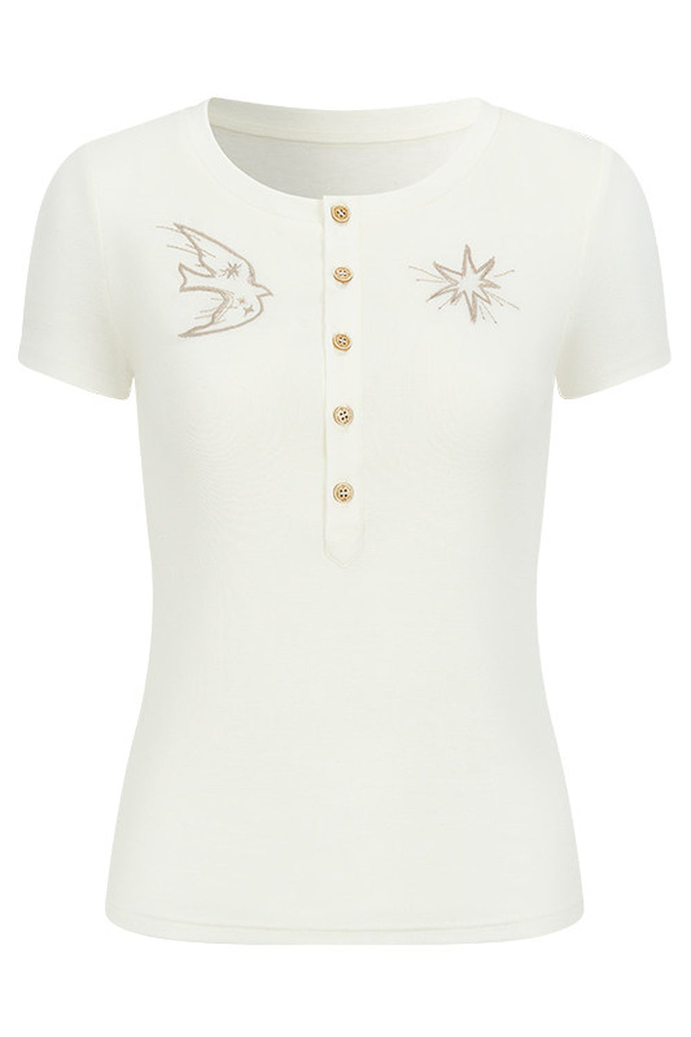 T-shirt in lyocell con mezza abbottonatura e uccello ricamato