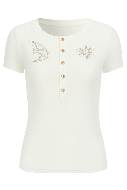 T-shirt in lyocell con mezza abbottonatura e uccello ricamato