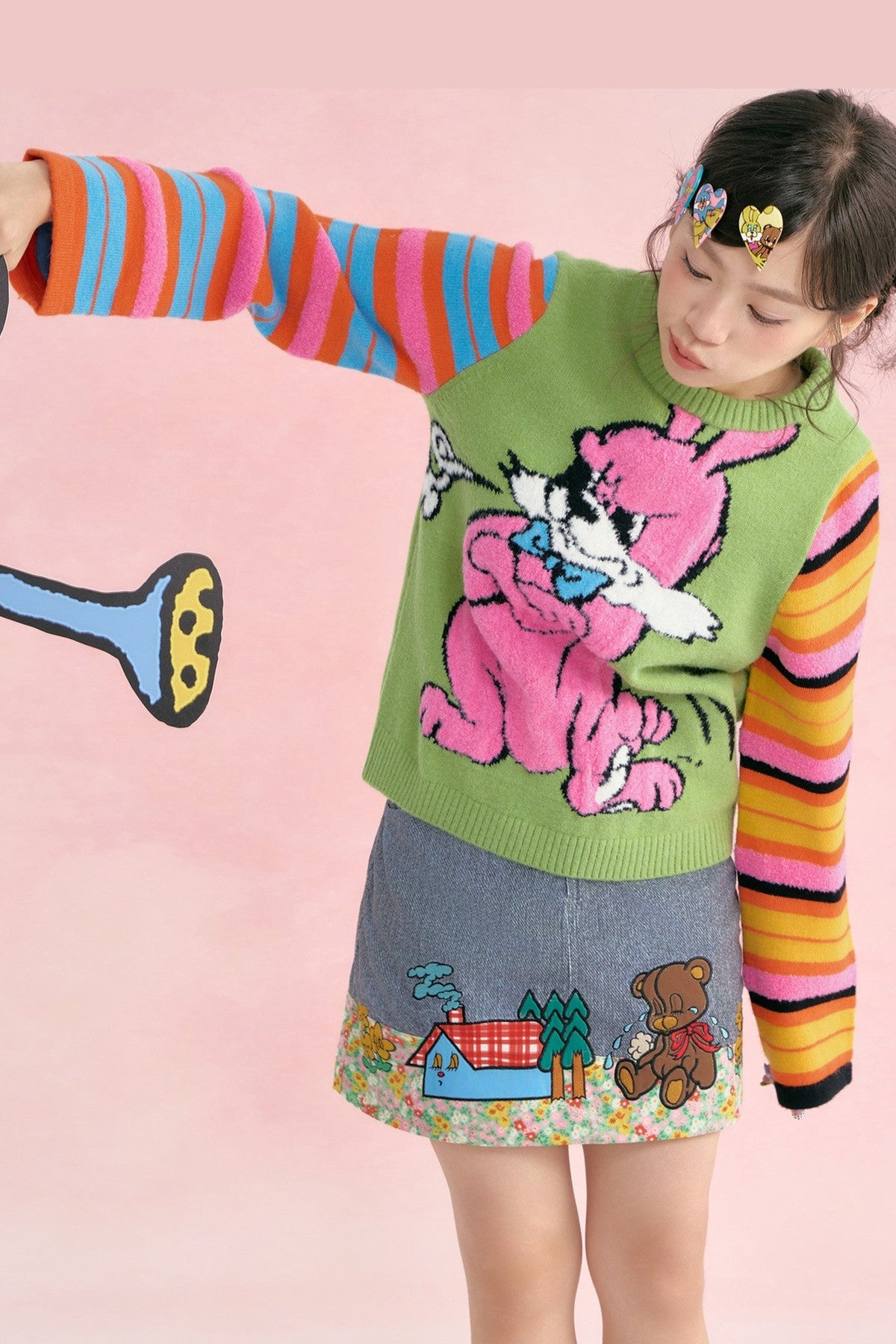 Colorful Asymmetrical Striped Heart Knit Sweater