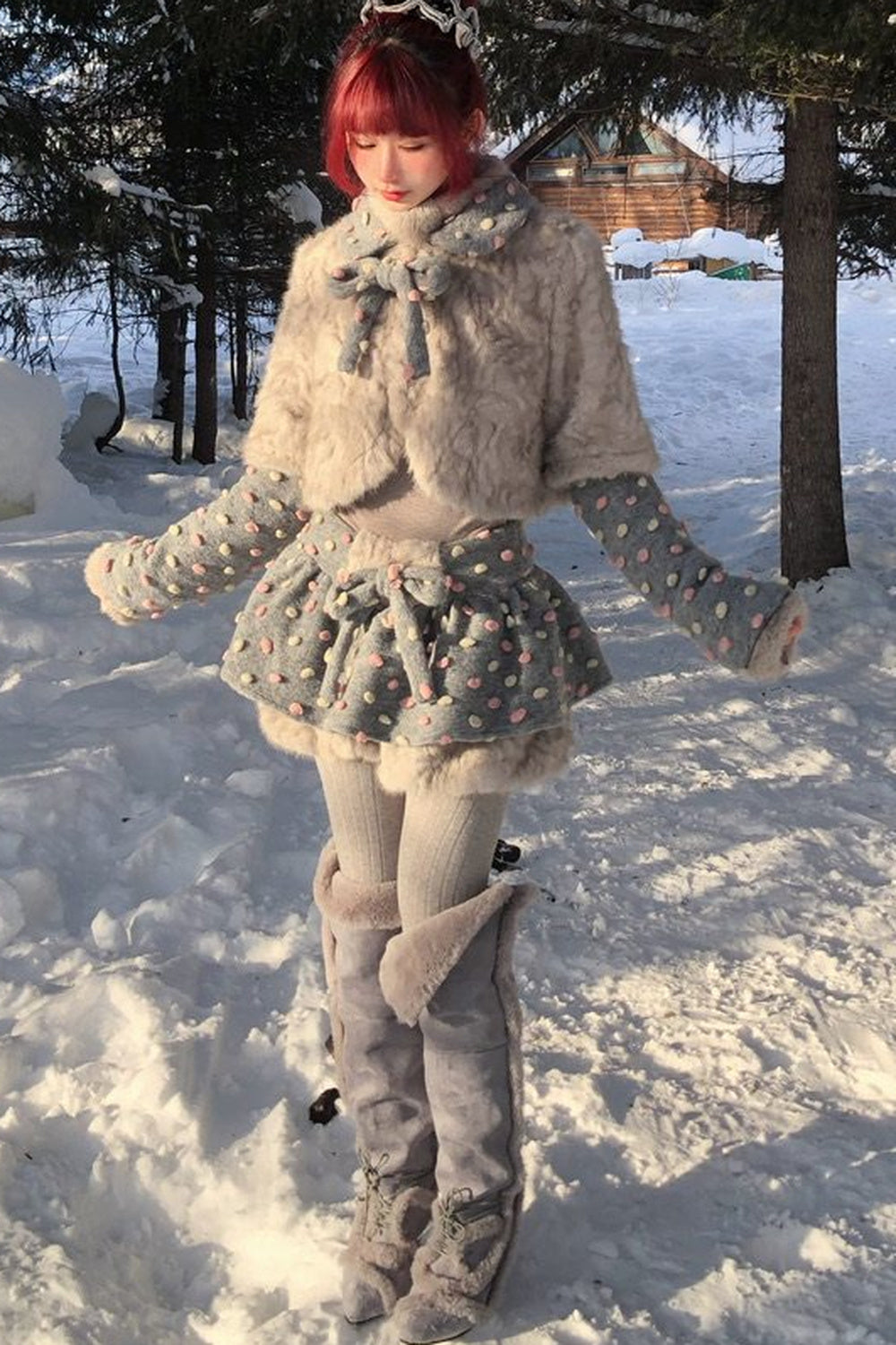 Vintage-Style Fur Patchwork Polka Dot Gray and Pink Set-Up