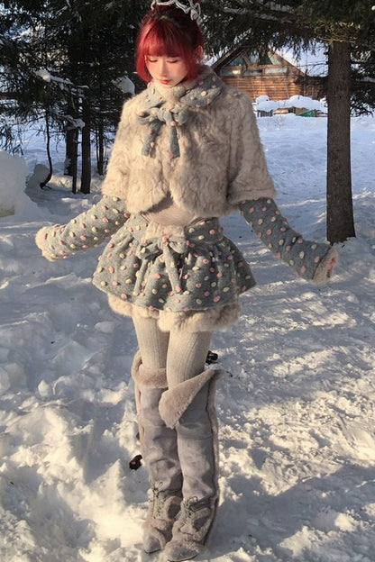 Vintage-Style Fur Patchwork Polka Dot Gray and Pink Set-Up