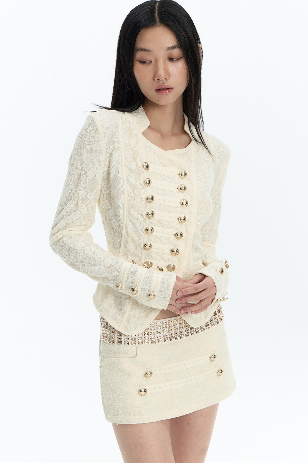 Double-Breasted Asymmetrical Lace Jacket and Skirt Set-Up