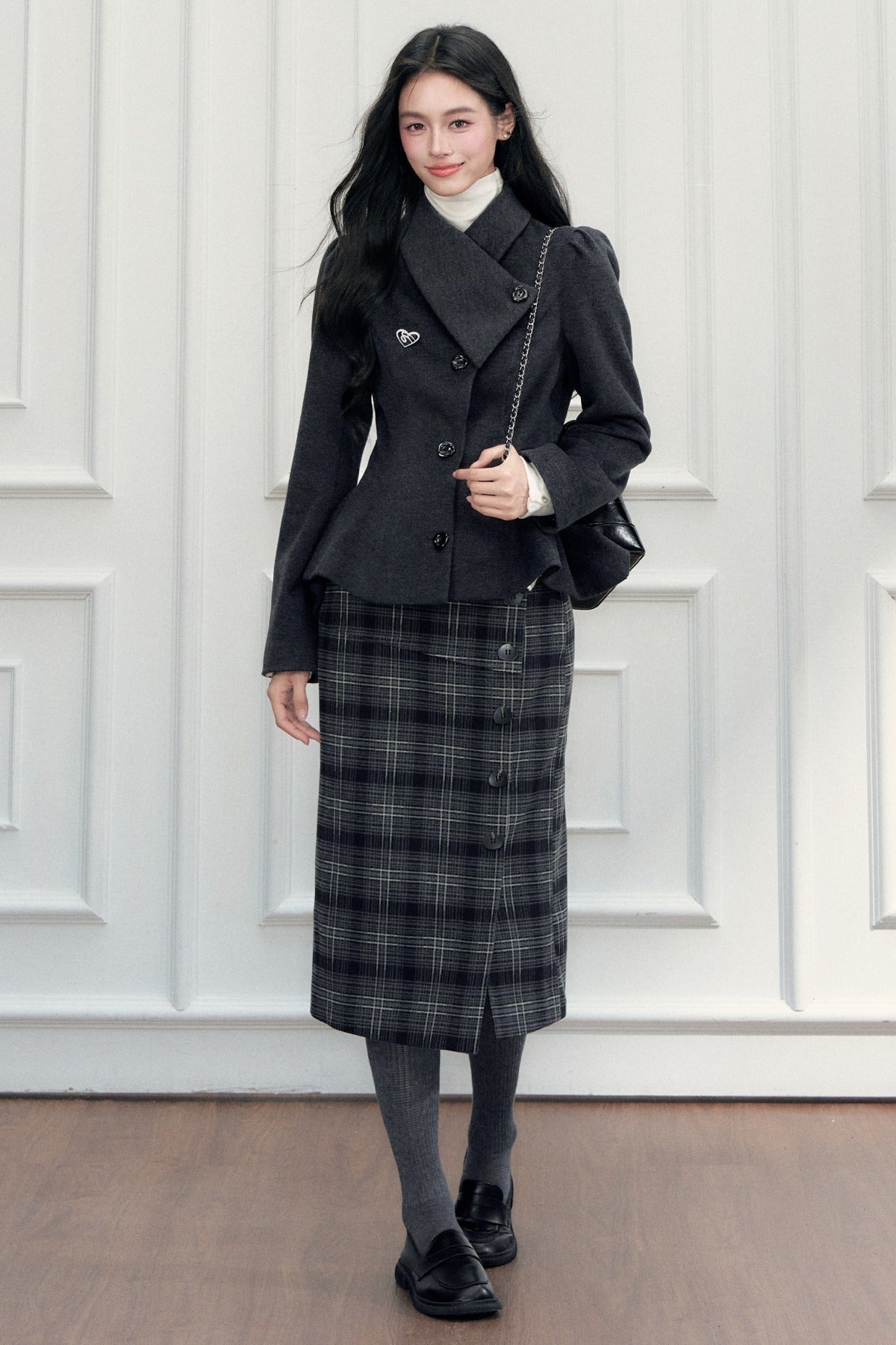 Turn-Down Collar Woolen Blazer and Hip-Hugging Long Skirt Set-Up