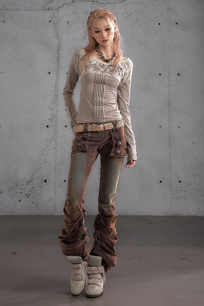 Punk Flocked Ruched Low-Waist Curved Leg Jeans