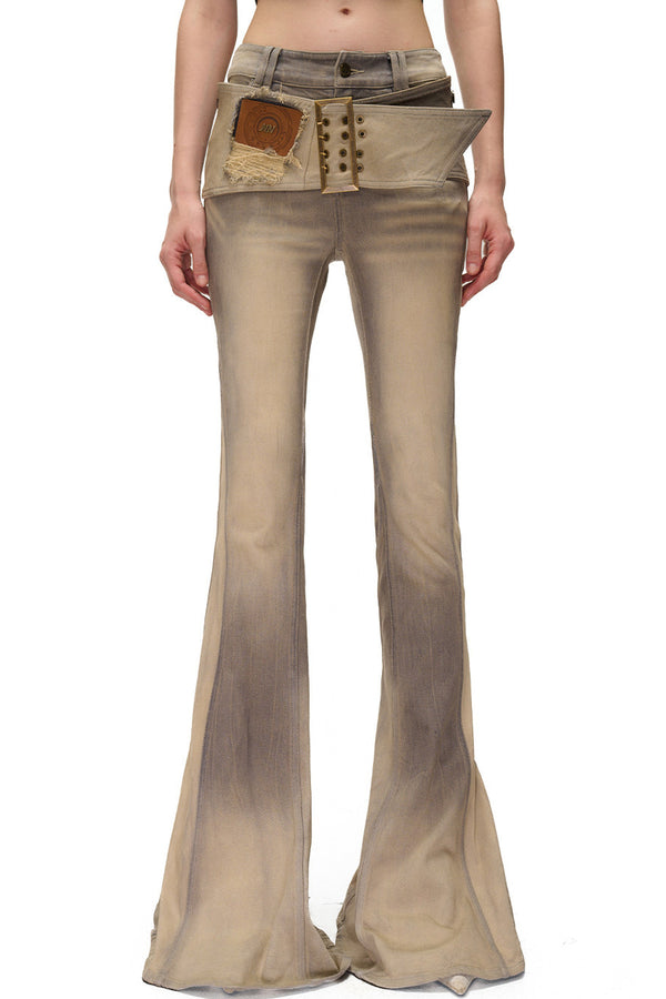 Detachable Waistband Vintage Washed Denim Flared Pants
